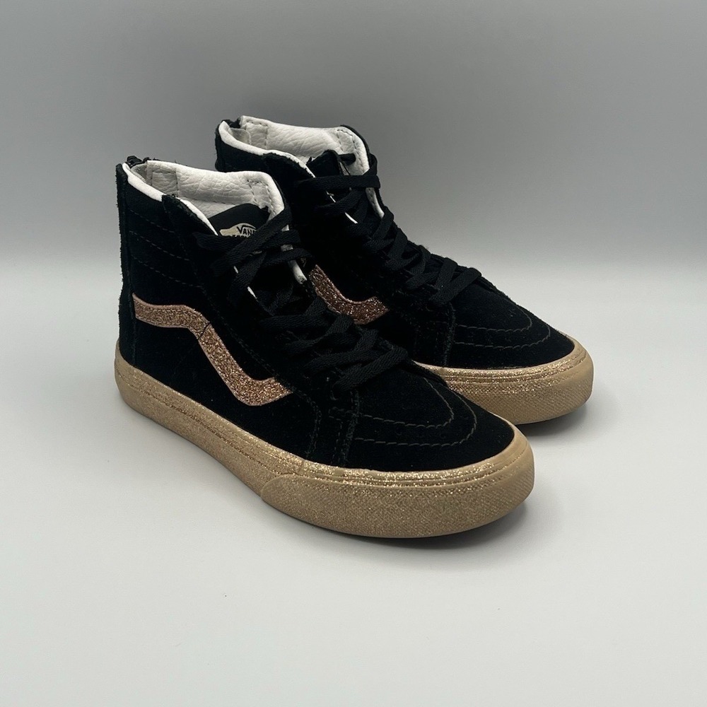 Vans Sk8-Hi Black Gold Zipper High Top Shoes - Kids Girls Size 13.5 USED